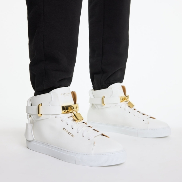 BUSCEMI Unisex 100MM ALTA White Leather 24kt Hrdw Hi-Top Sneakers Shoes Size 41 - Picture 3 of 12